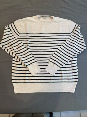 J.Crew Men's 100% Cotton Crew Neck Sweater | Cream with Green & Navy Stripes | L